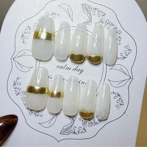 Gold tone handmade gel nail, art nails, acrylic press on nail, fake nail